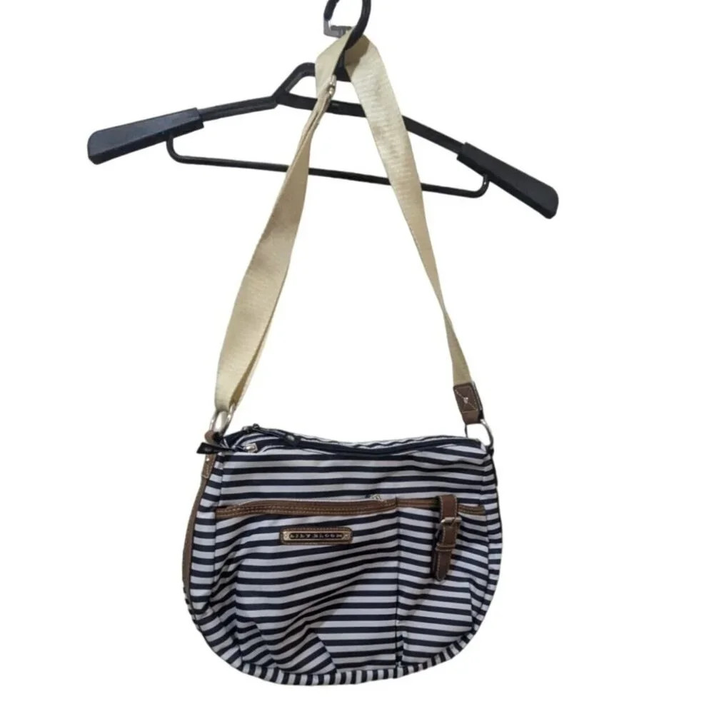 Lily Bloom Navy & White Striped Crossbody Bag With Adjustable Beige Strap Functi